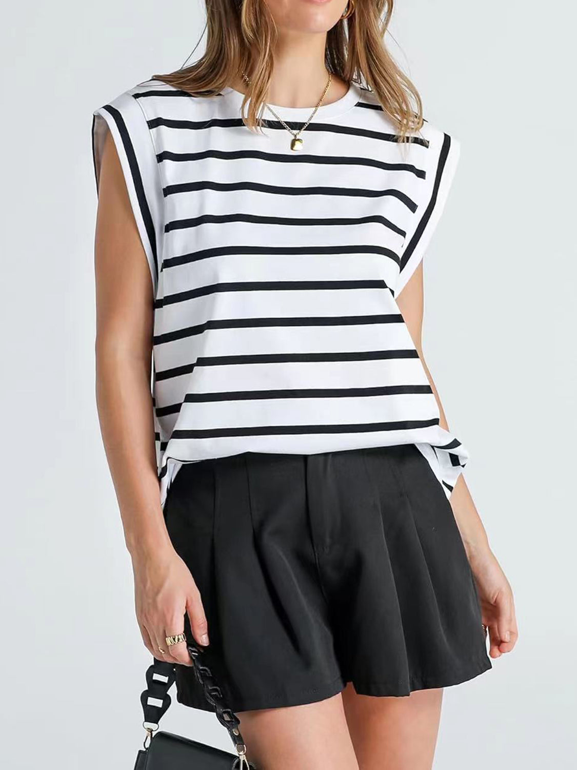 Striped Round Neck Cap Sleeve T-Shirt in Red - alternate view 13