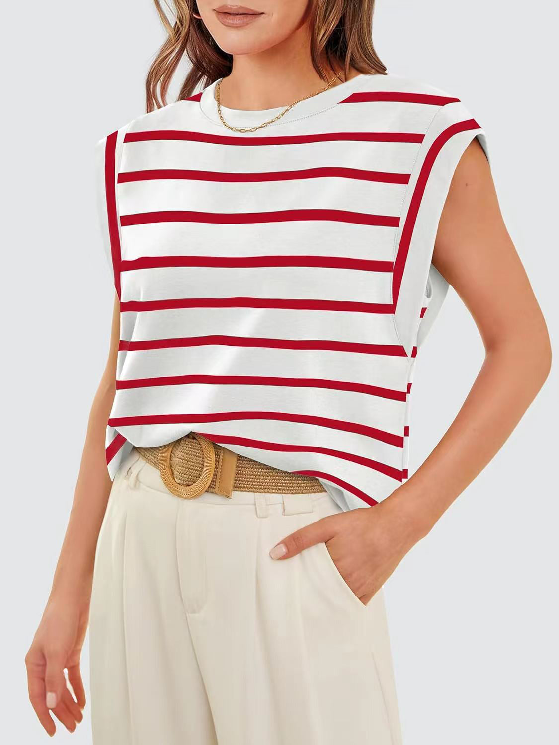 Striped Round Neck Cap Sleeve T-Shirt in Red