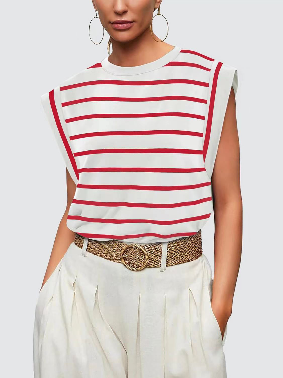 Striped Round Neck Cap Sleeve T-Shirt in Red - alternate view 4