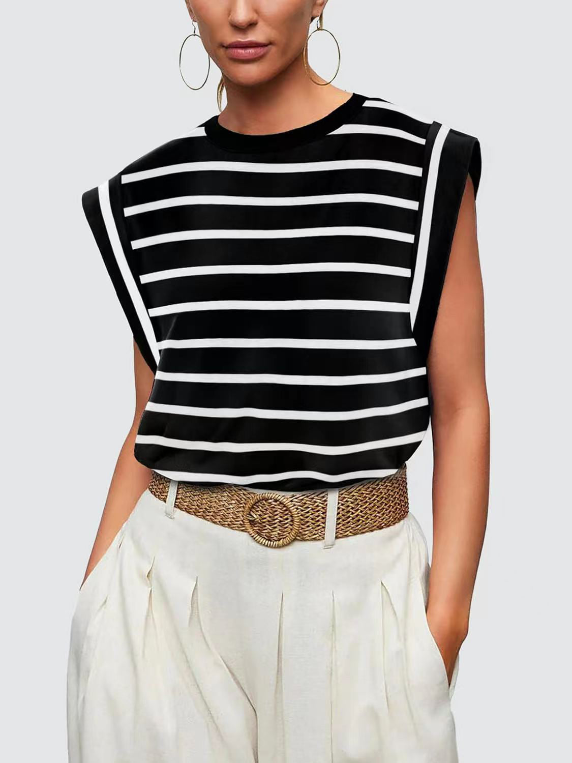 Striped Round Neck Cap Sleeve T-Shirt in Red - alternate view 10