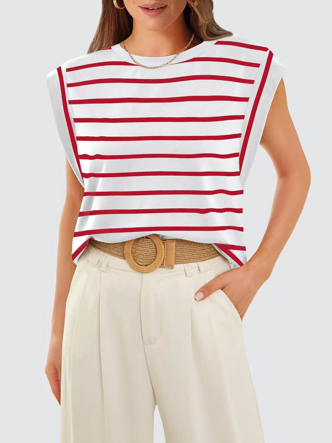 Striped Round Neck Cap Sleeve T-Shirt in Red - alternate view 3