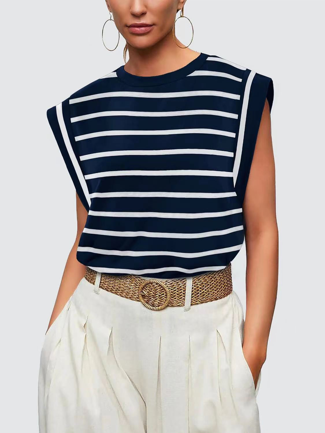Striped Round Neck Cap Sleeve T-Shirt in Red - alternate view 19