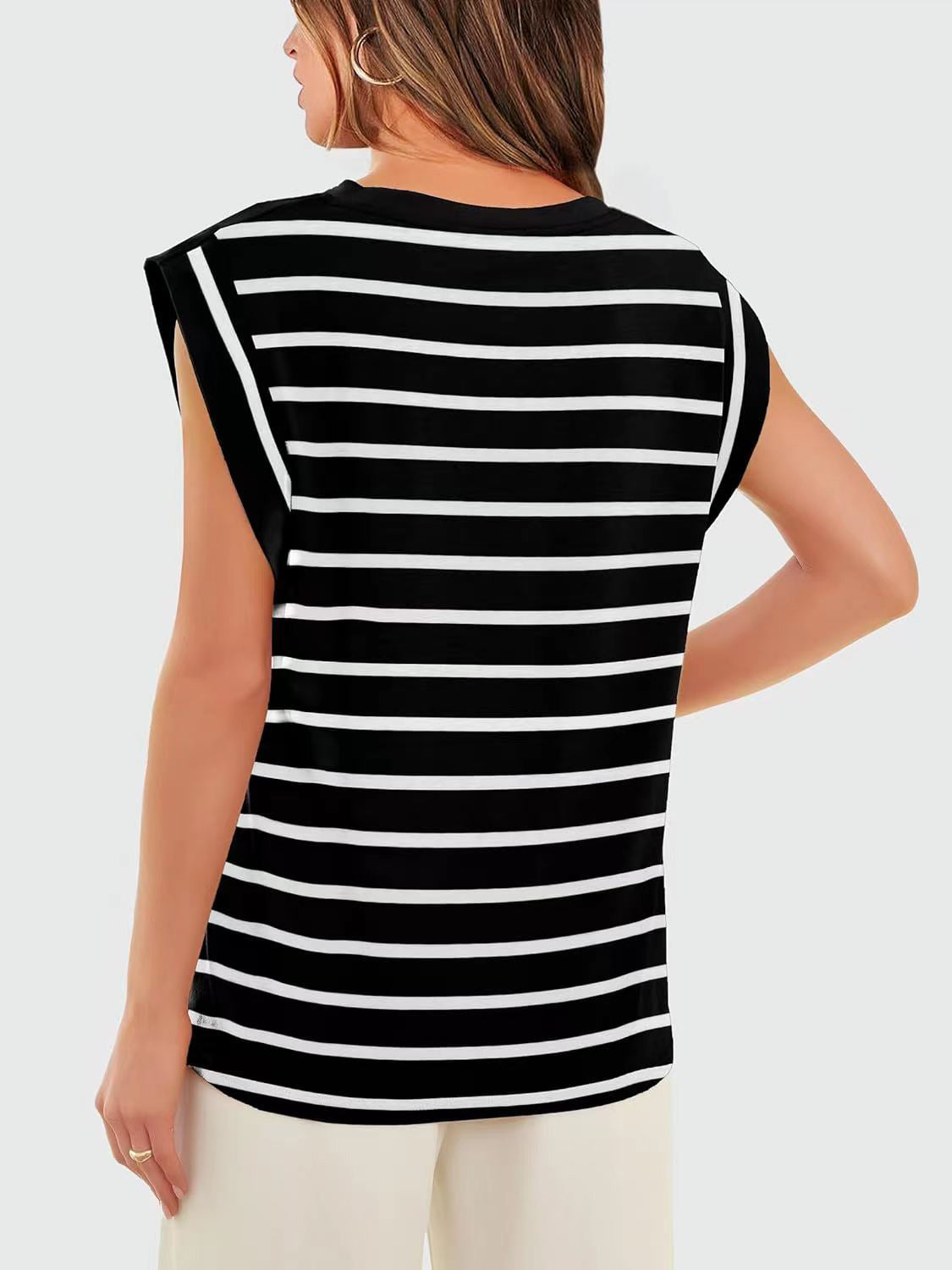 Striped Round Neck Cap Sleeve T-Shirt in Red - alternate view 11