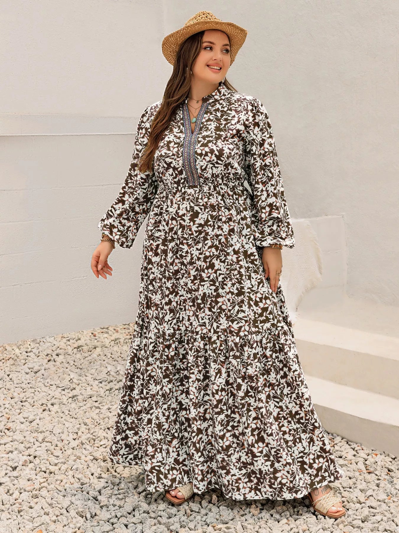 floral maxi dress with sleeves plus size Print Long Sleeve – SeaTown Outfitters Linen Mother of Bride Trending_Work Chic Color:Rose_Gold a romantic plus