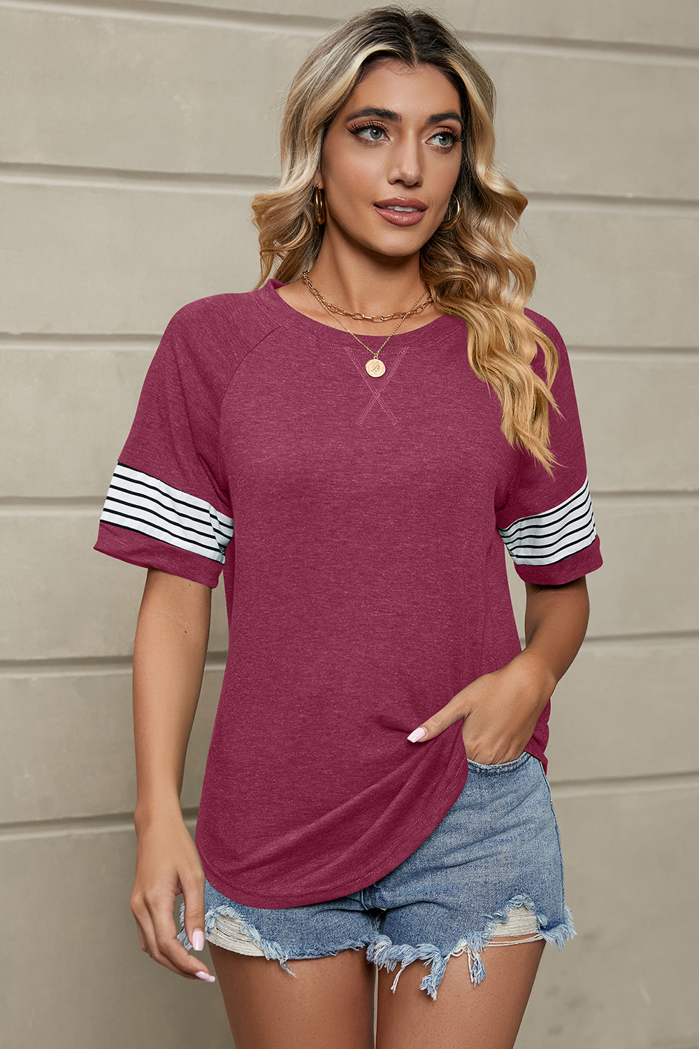 Striped Round Neck Short Sleeve T-Shirt in Navy - alternate view 14