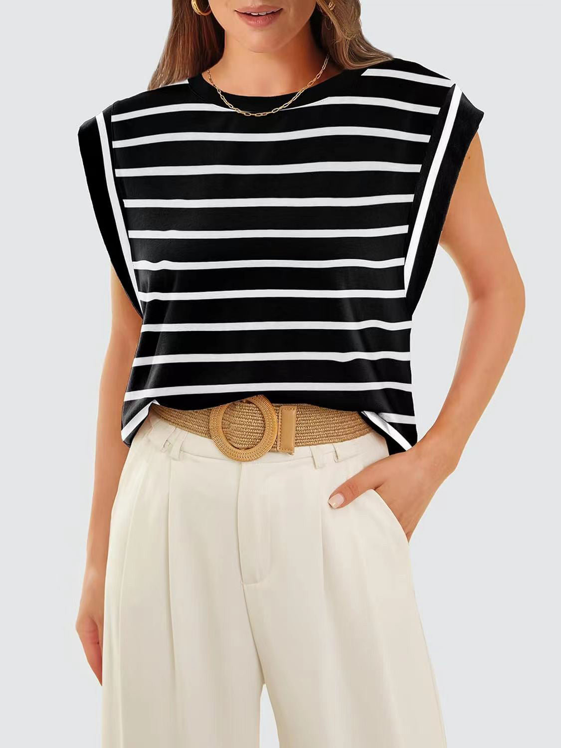 Striped Round Neck Cap Sleeve T-Shirt in Red - alternate view 17