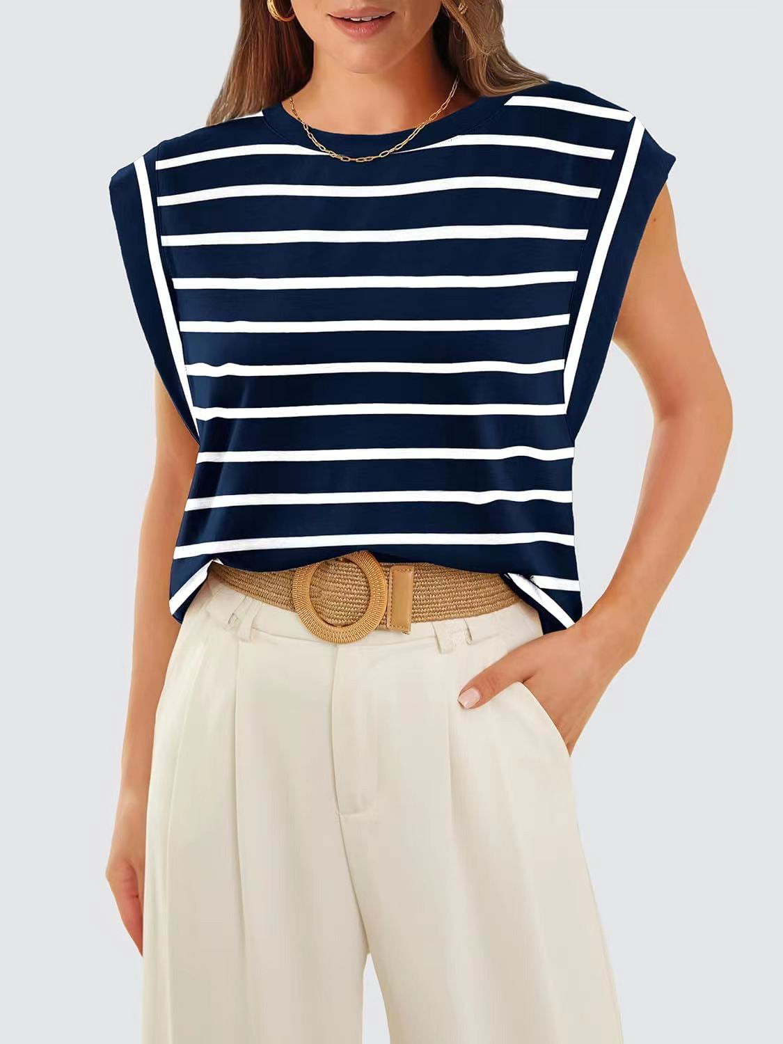 Striped Round Neck Cap Sleeve T-Shirt in Red - alternate view 20