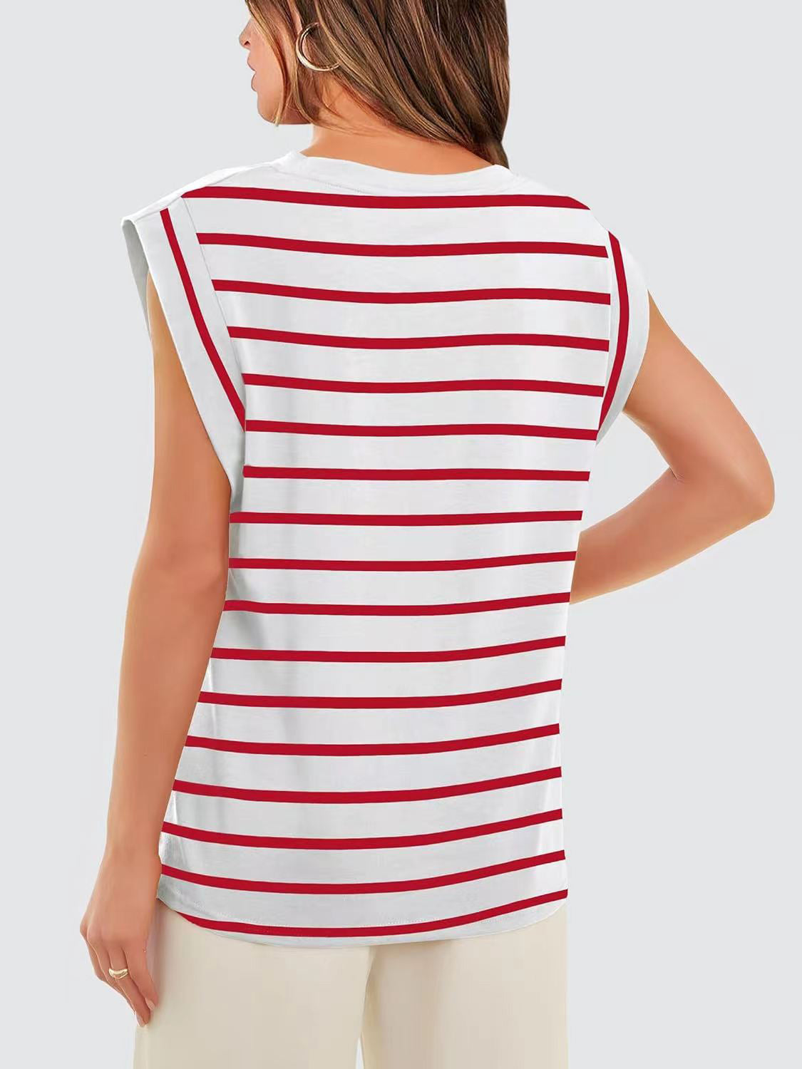 Striped Round Neck Cap Sleeve T-Shirt in Red - alternate view 2