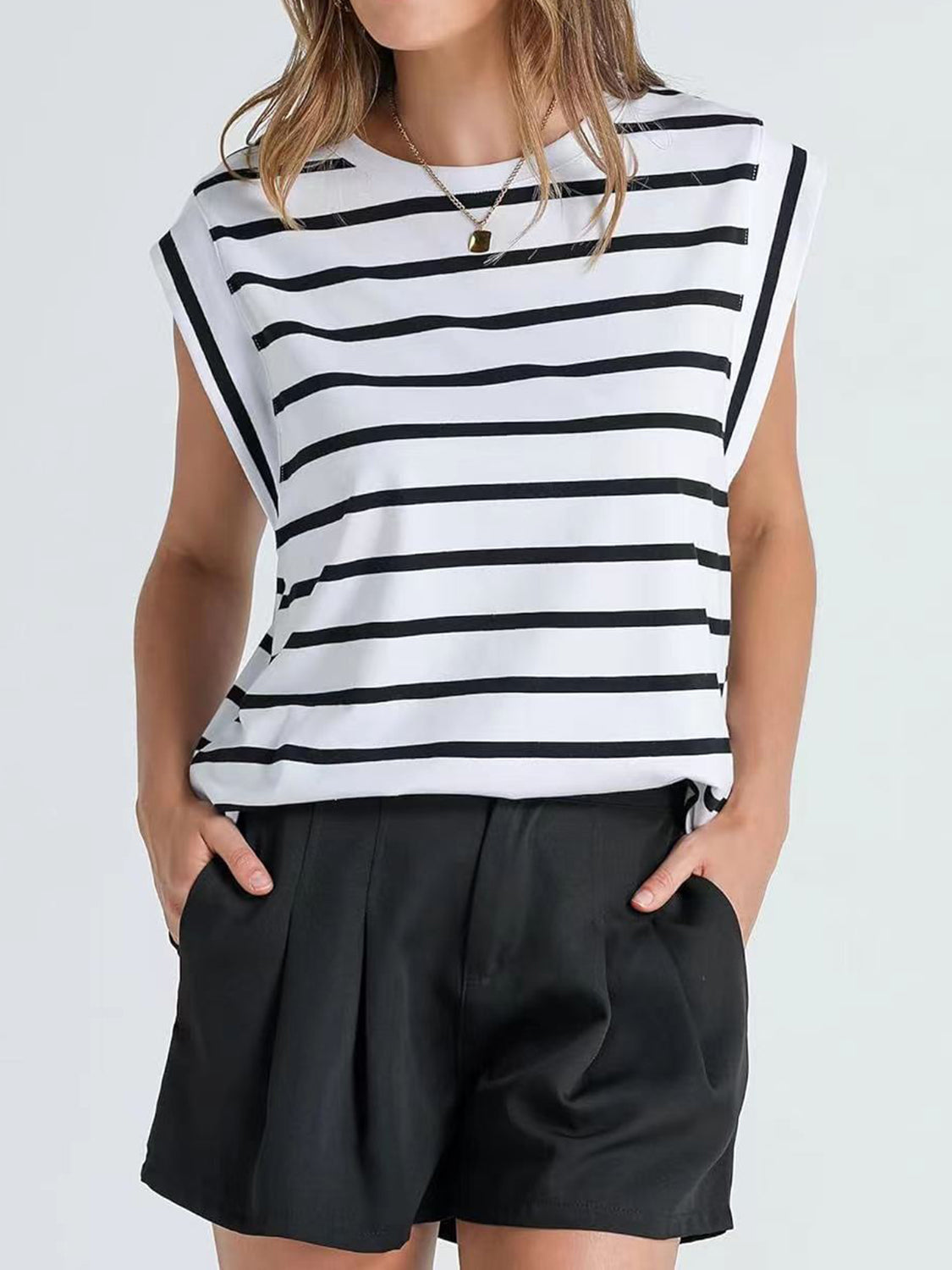 Striped Round Neck Cap Sleeve T-Shirt in Red - alternate view 12