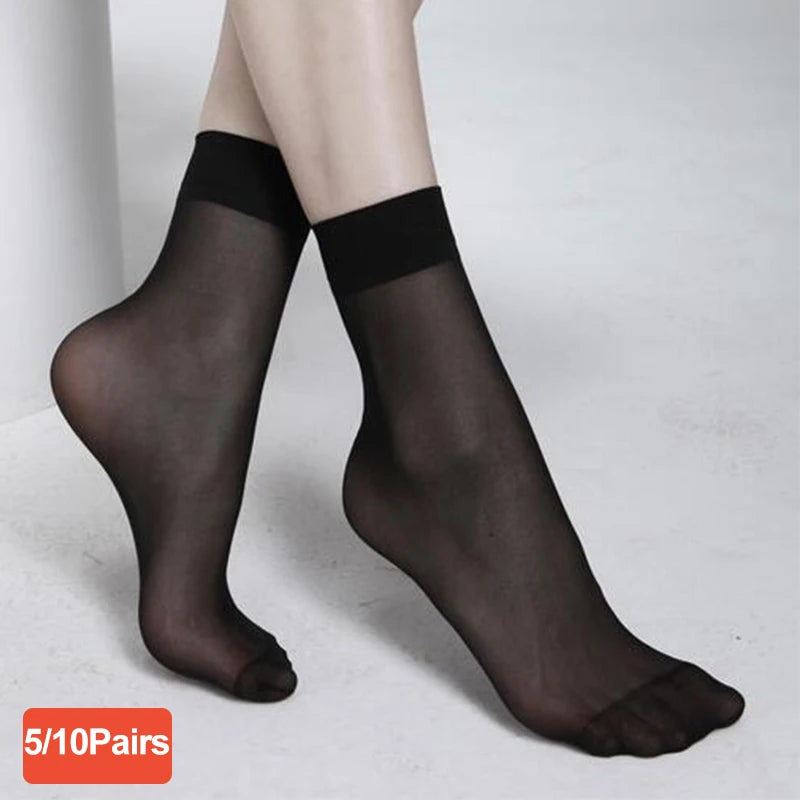 Velvet Sheer Ankle Socks Set for Women | Soft Thin Nylon Silk Socks Pack in black-5Pairs