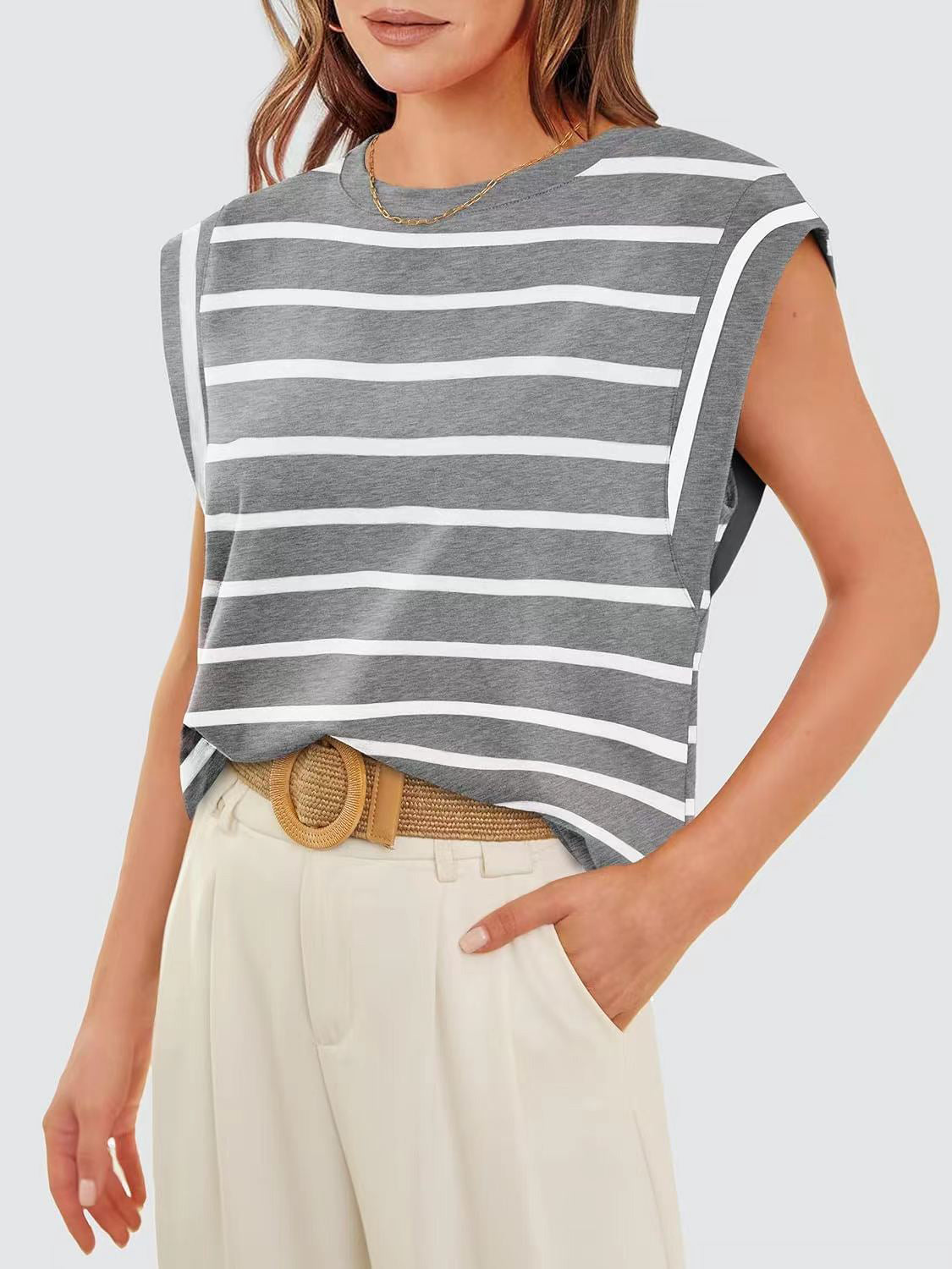 Striped Round Neck Cap Sleeve T-Shirt in Red - alternate view 5