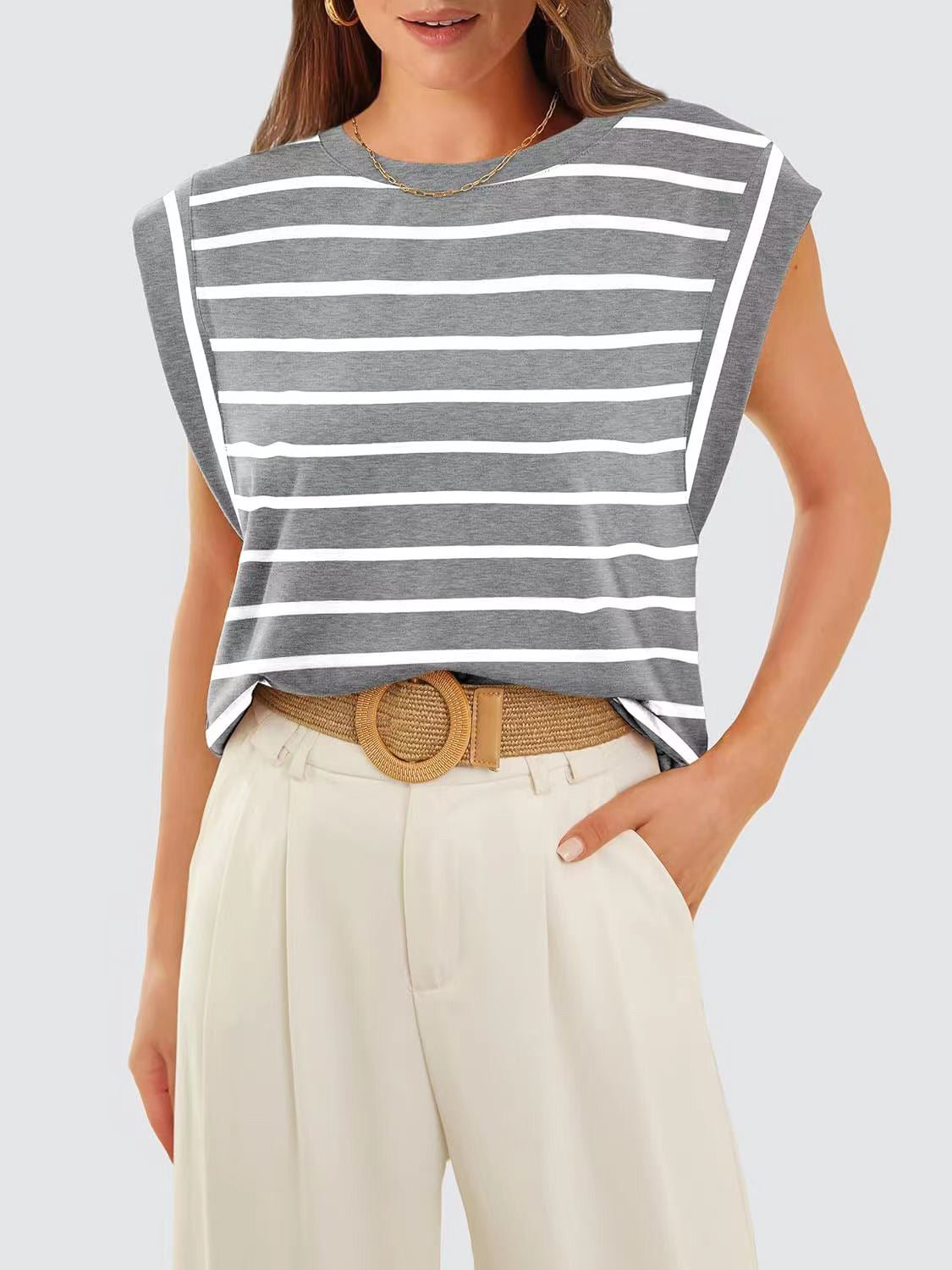 Striped Round Neck Cap Sleeve T-Shirt in Red - alternate view 8