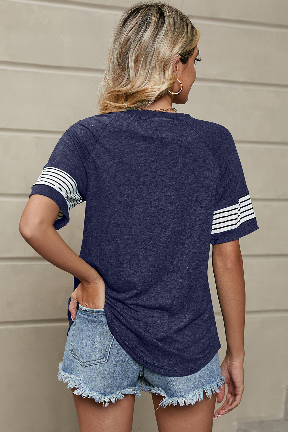 Striped Round Neck Short Sleeve T-Shirt in Navy - alternate view 2