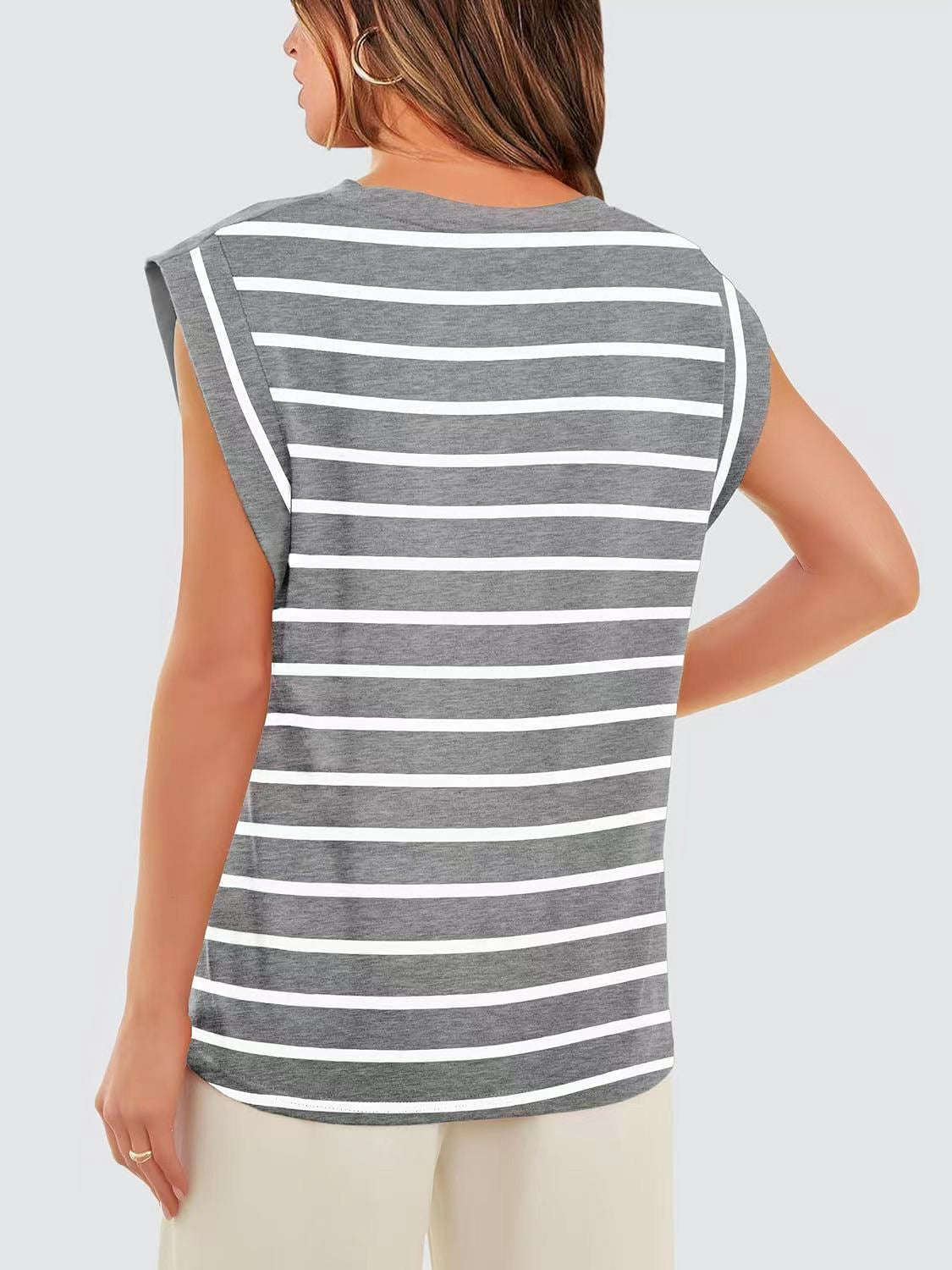 Striped Round Neck Cap Sleeve T-Shirt in Red - alternate view 6