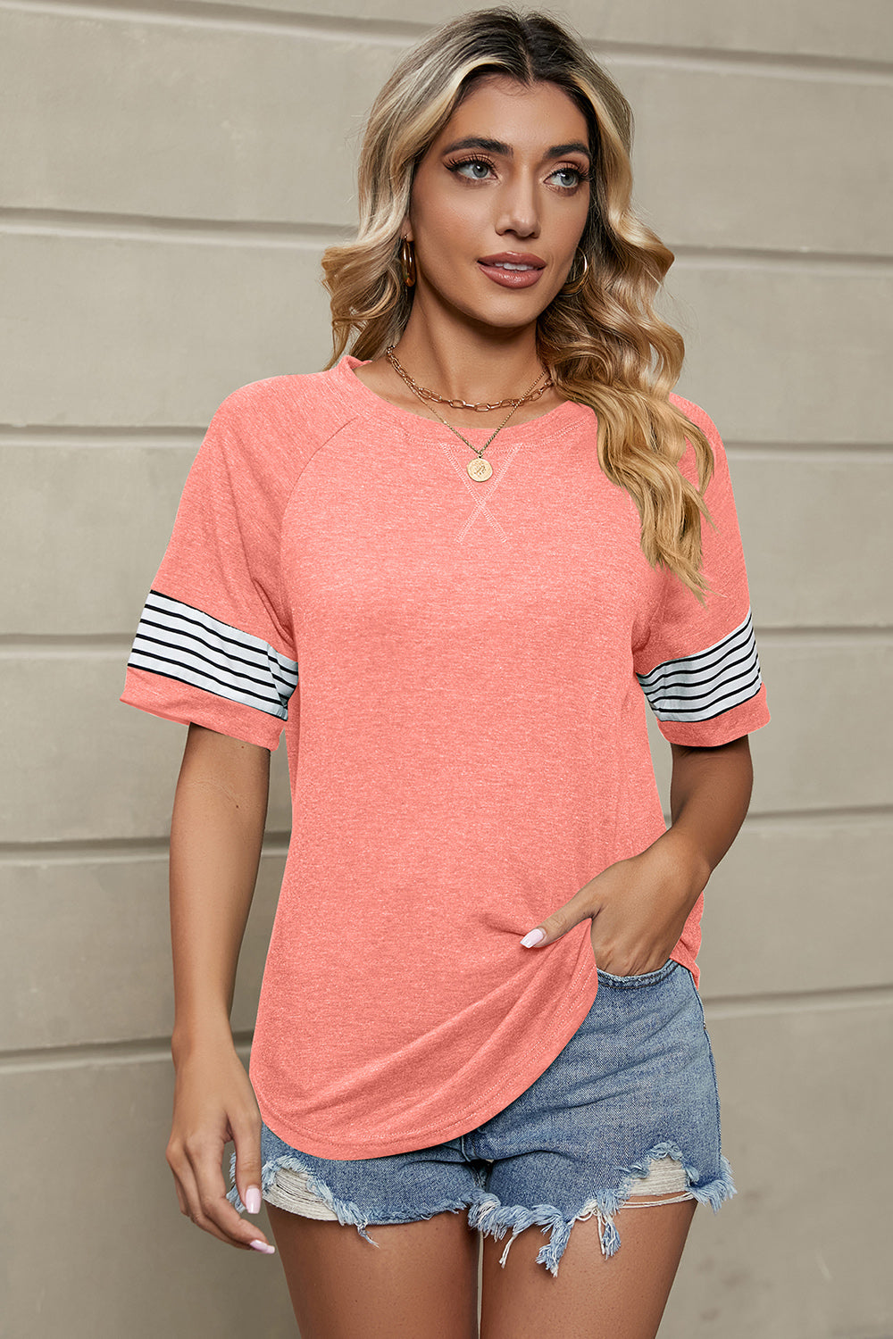 Striped Round Neck Short Sleeve T-Shirt in Navy - alternate view 5