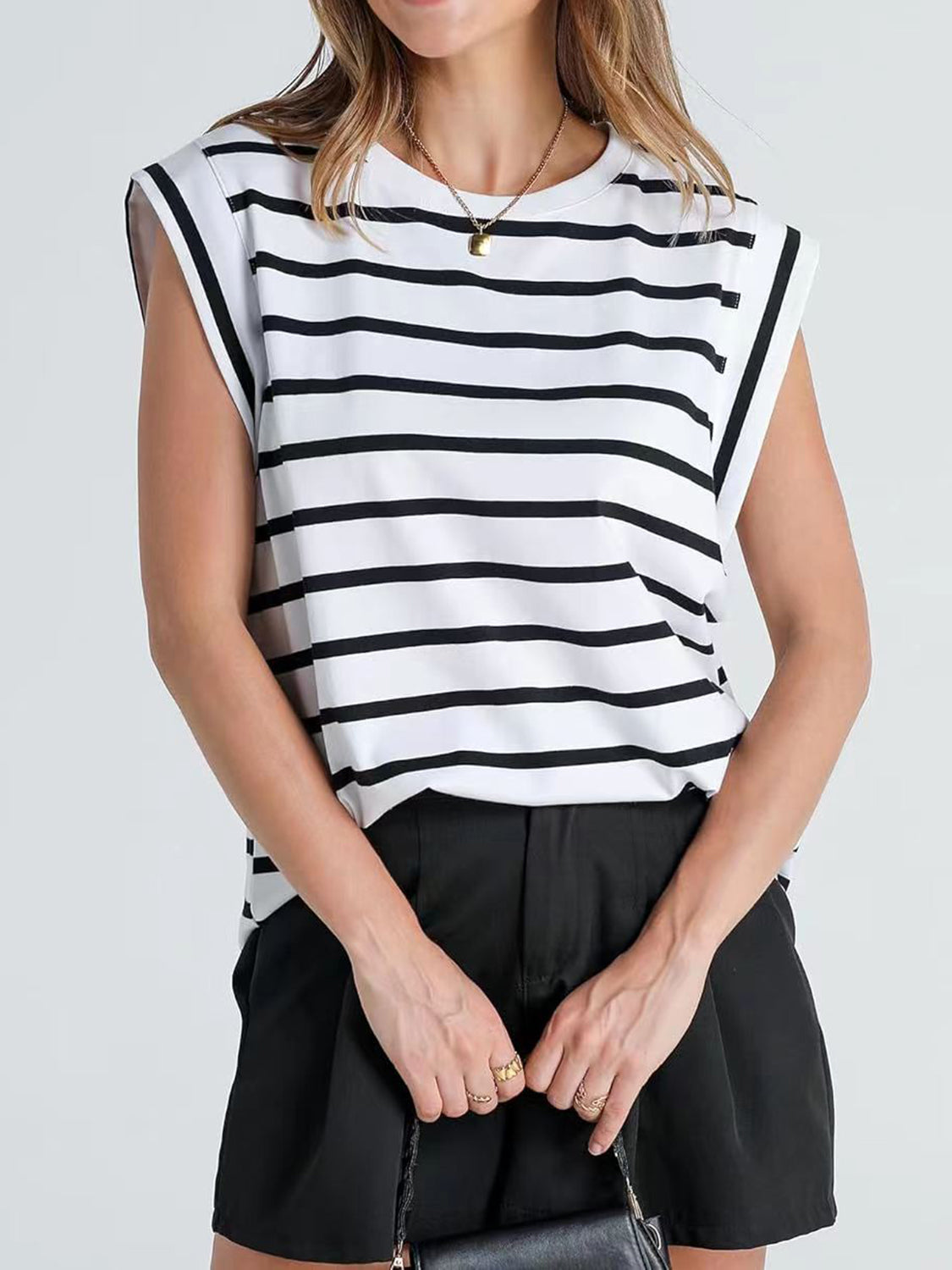 Striped Round Neck Cap Sleeve T-Shirt in Red - alternate view 15