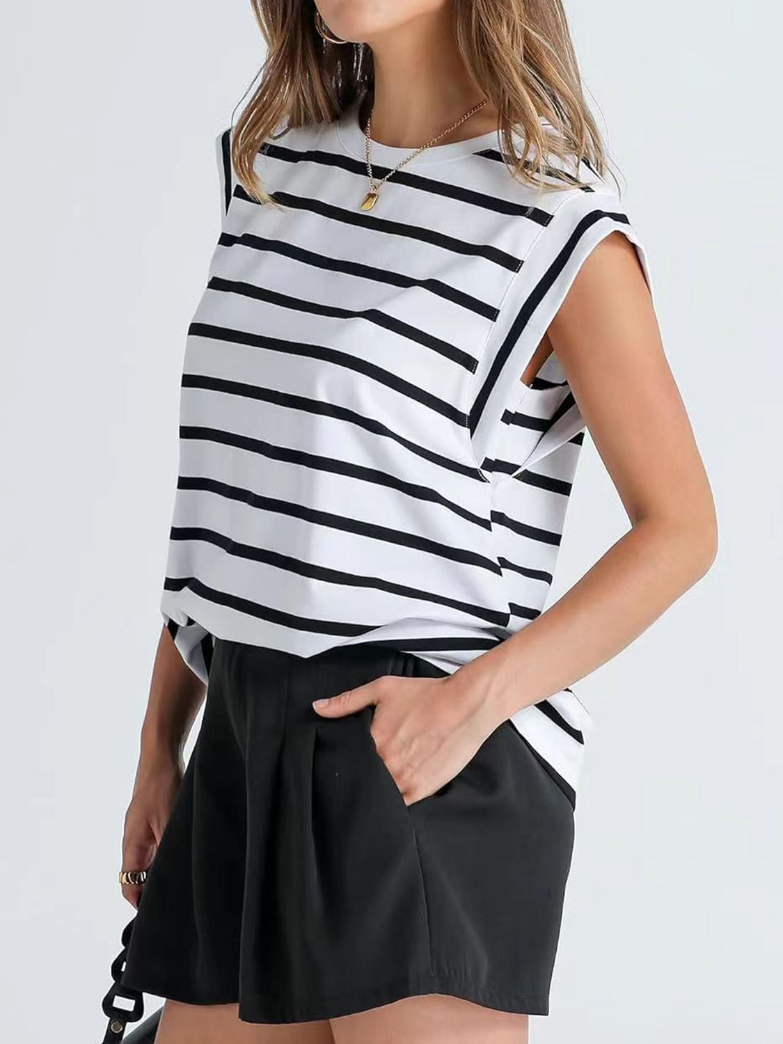 Striped Round Neck Cap Sleeve T-Shirt in Red - alternate view 14