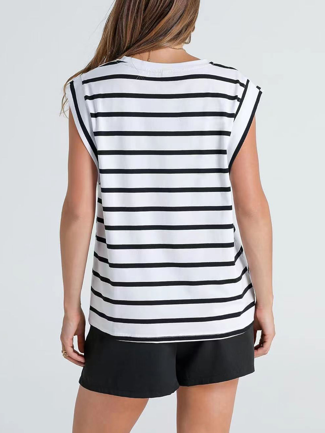 Striped Round Neck Cap Sleeve T-Shirt in Red - alternate view 16