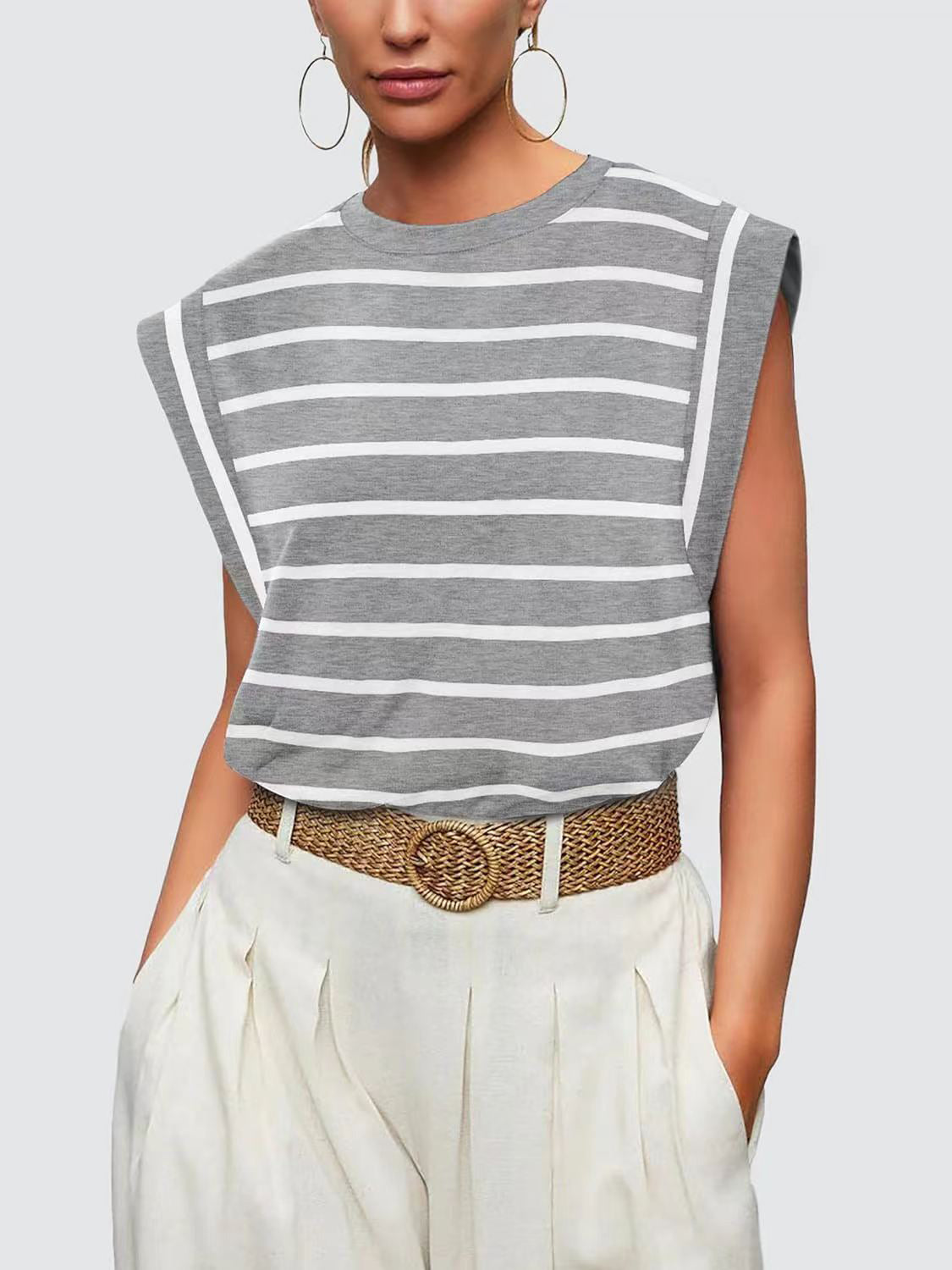 Striped Round Neck Cap Sleeve T-Shirt in Red - alternate view 7