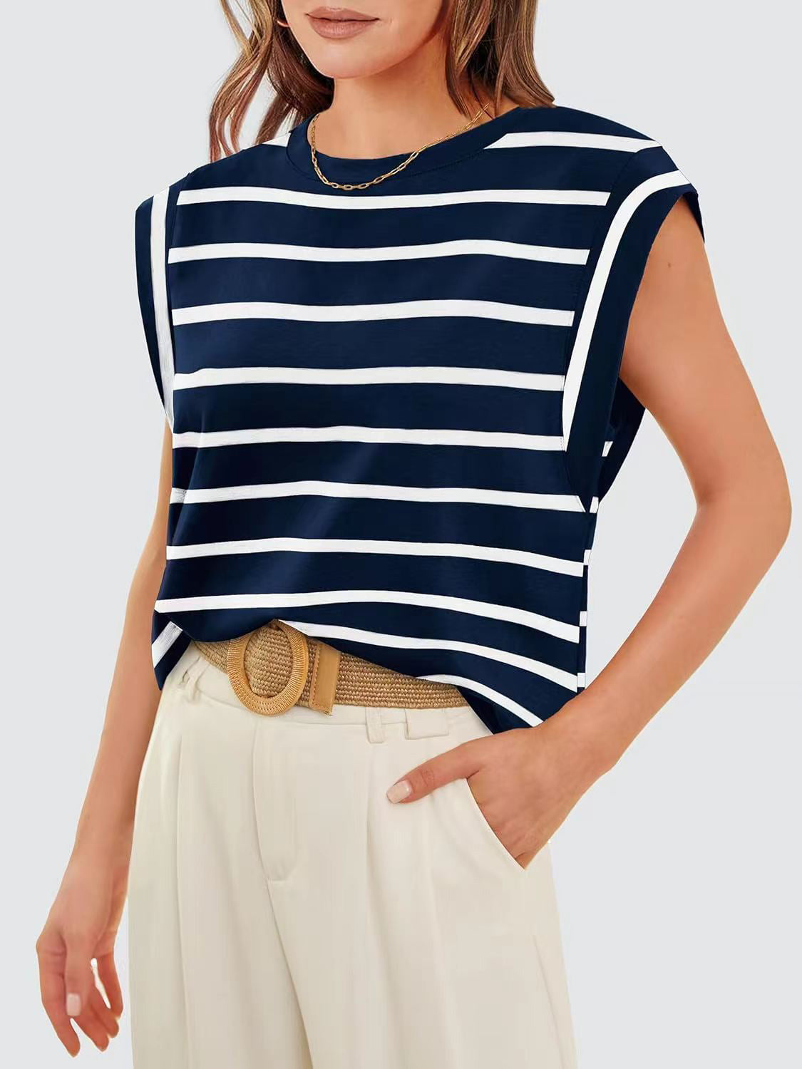 Striped Round Neck Cap Sleeve T-Shirt in Red - alternate view 18
