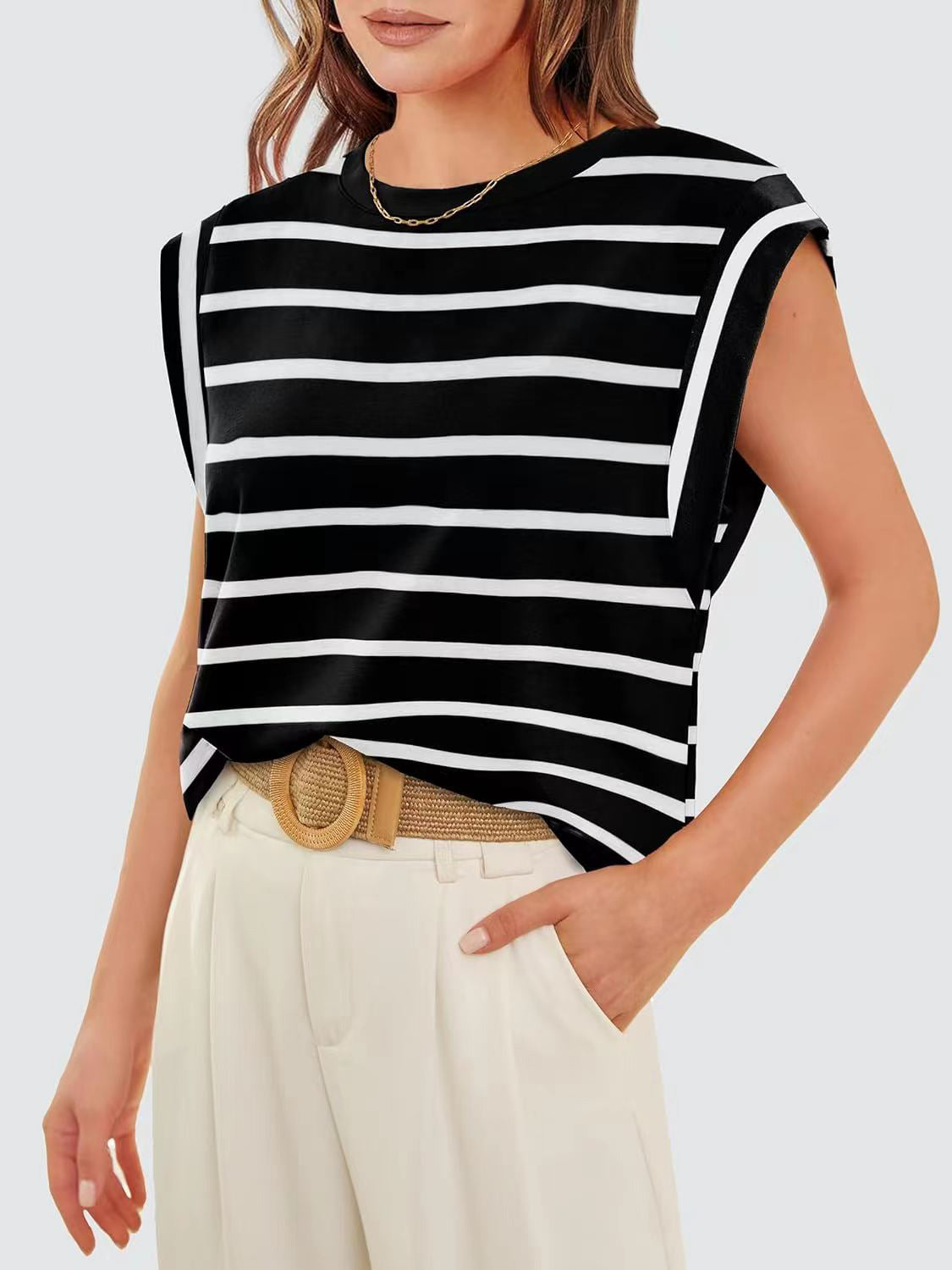 Striped Round Neck Cap Sleeve T-Shirt in Red - alternate view 9