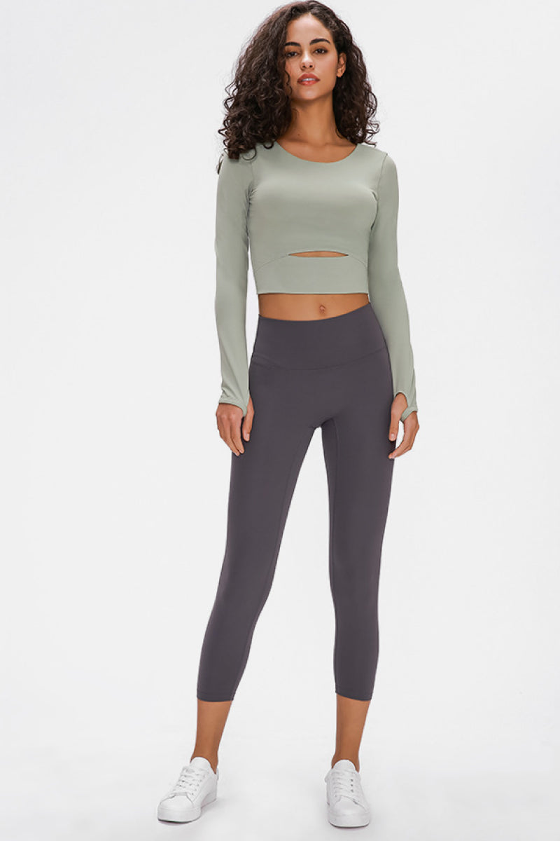 Long Sleeve Cropped Top With Sports Strap in Green - alternate view 5