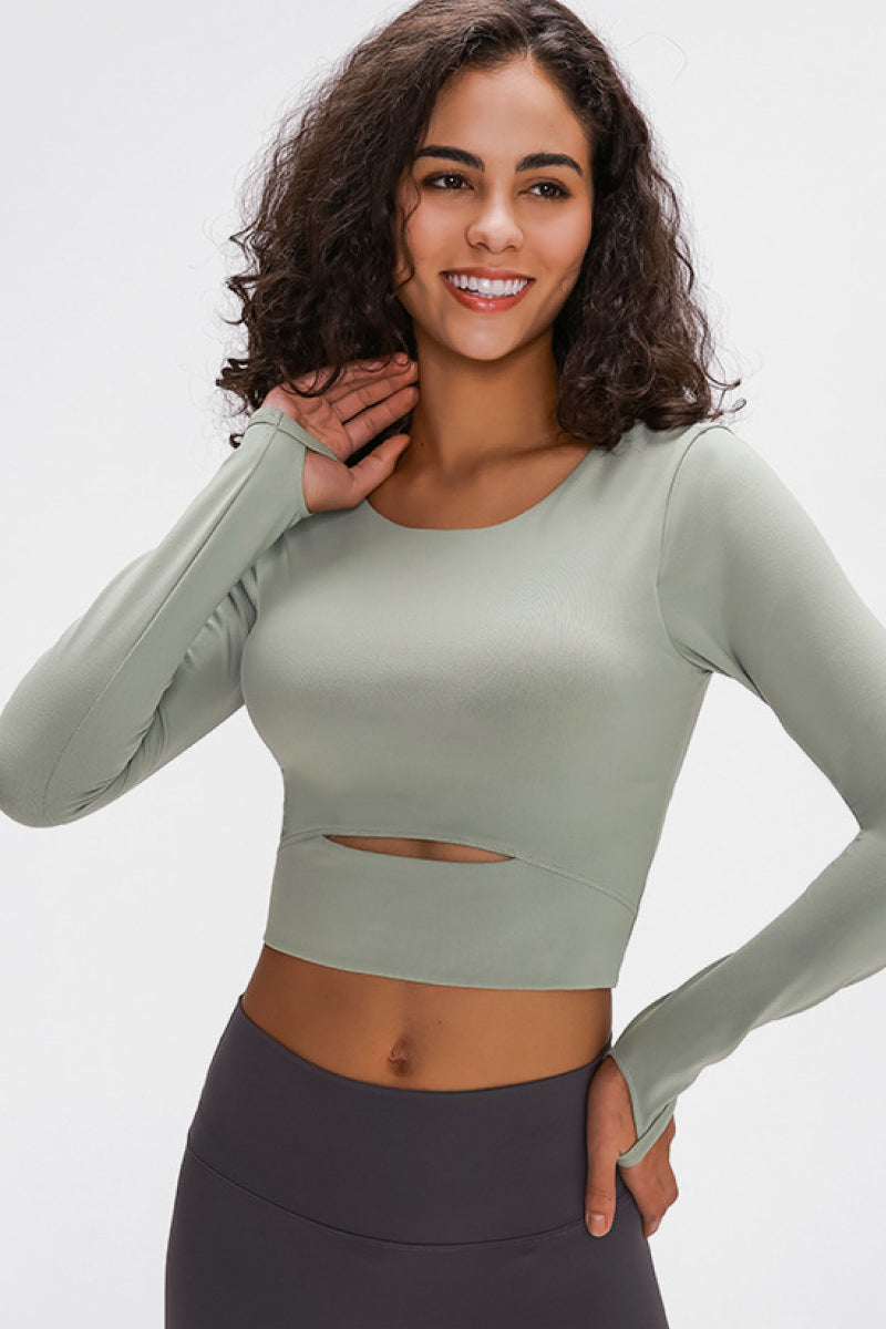 Long Sleeve Cropped Top With Sports Strap in Green - alternate view 4