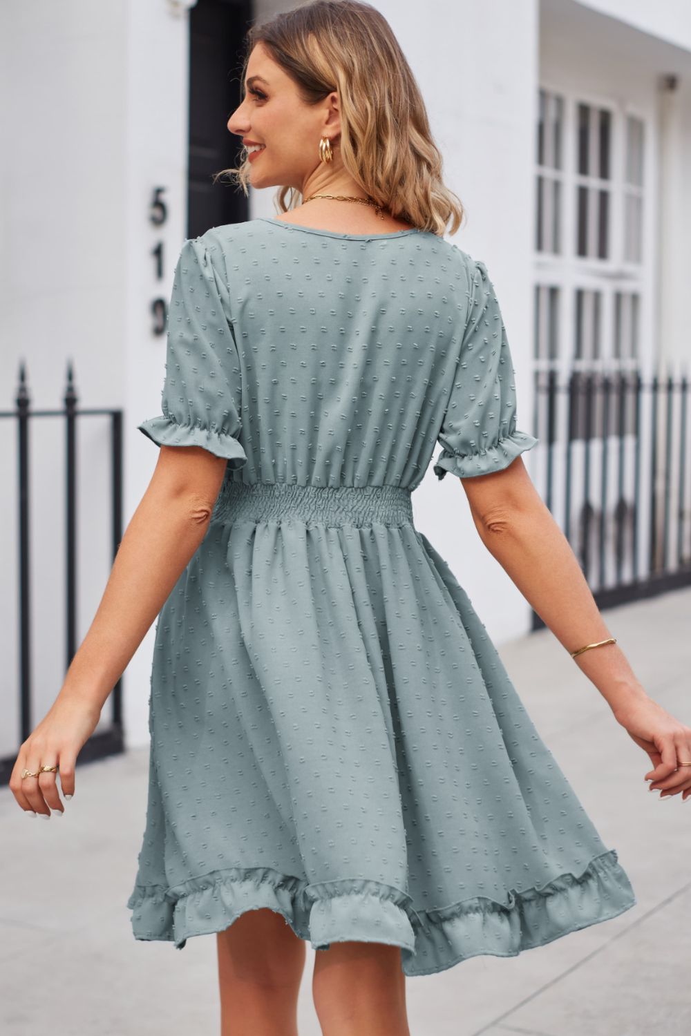 Swiss Dot Frill Trim Flounce Sleeve V-Neck Dress in Air Force Blue - alternate view 2