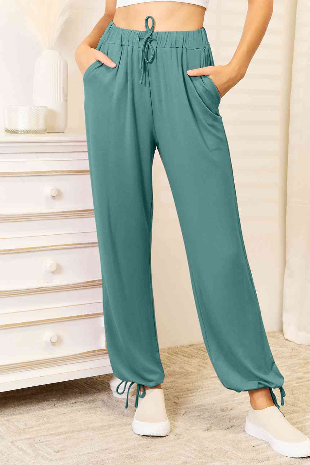 Basic Bae Full Size Soft Rayon Drawstring Waist Pants with Pockets in Teal