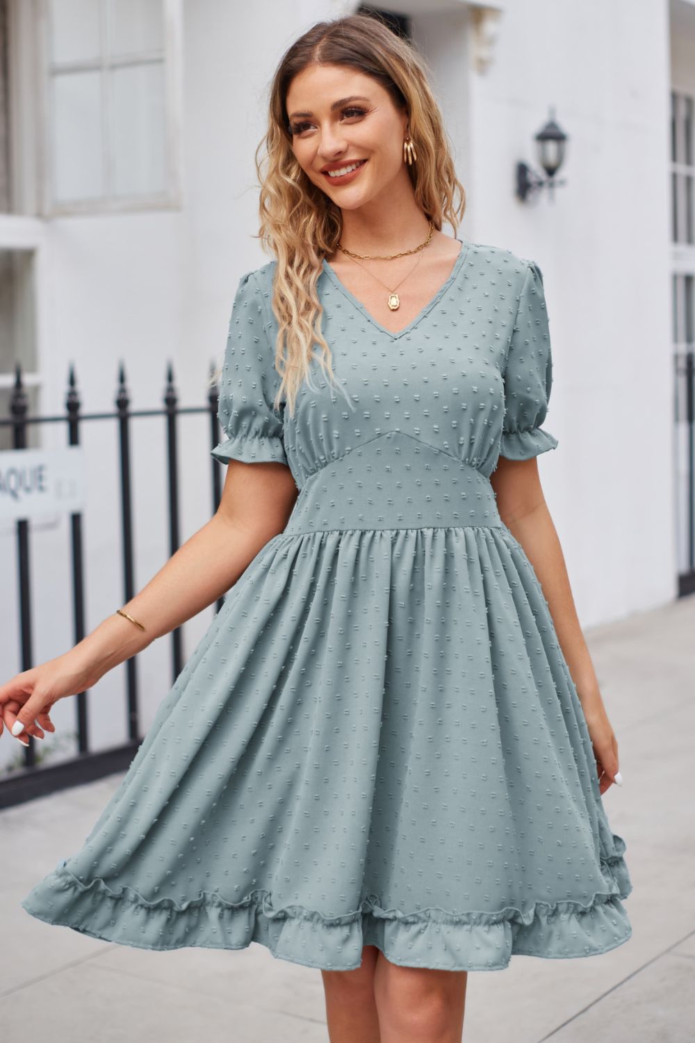 Swiss Dot Frill Trim Flounce Sleeve V-Neck Dress in Air Force Blue - alternate view 3
