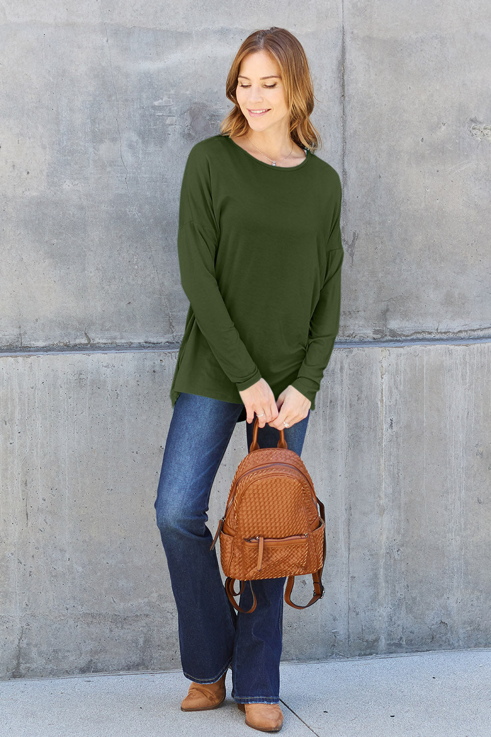 Basic Bae Full Size Round Neck Dropped Shoulder T-Shirt in Army Green - alternate view 4