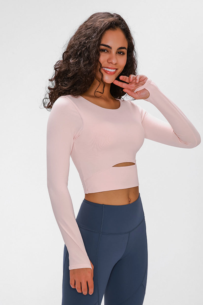 Long Sleeve Cropped Top With Sports Strap in Green