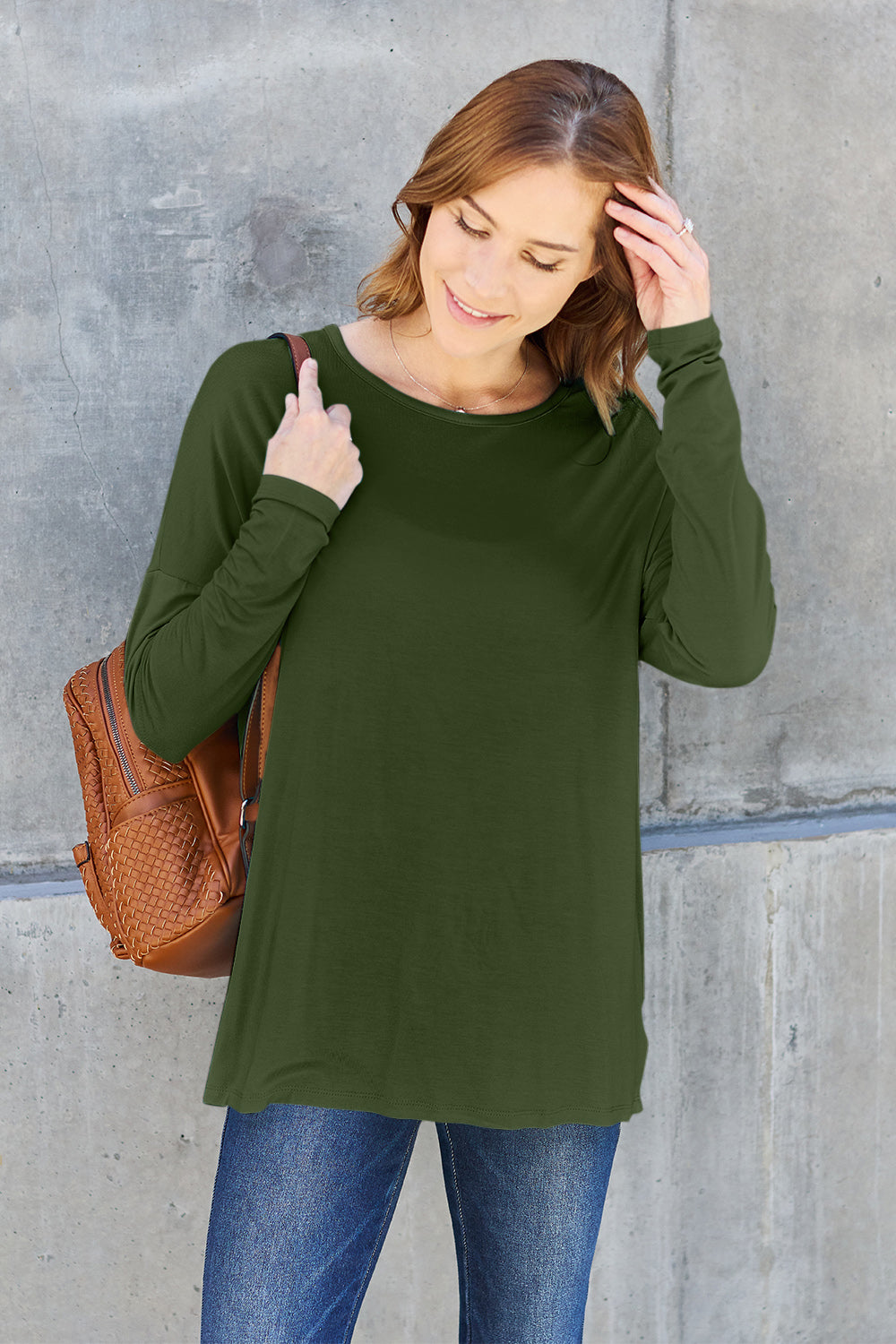 Basic Bae Full Size Round Neck Dropped Shoulder T-Shirt in Army Green