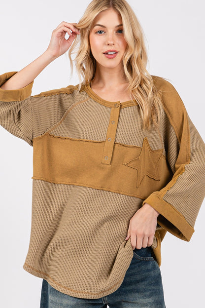 SAGE + FIG Star Applique Patch Exposed Seam Waffle Knit Top