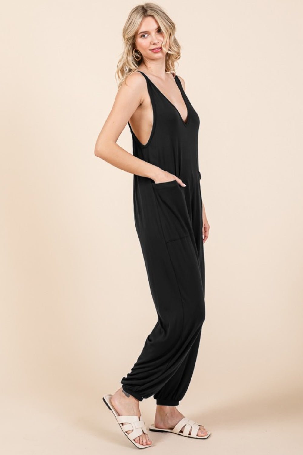 Culture Code Full Size Plunge Sleeveless Jumpsuit with Pockets - SeaTown Outfitters