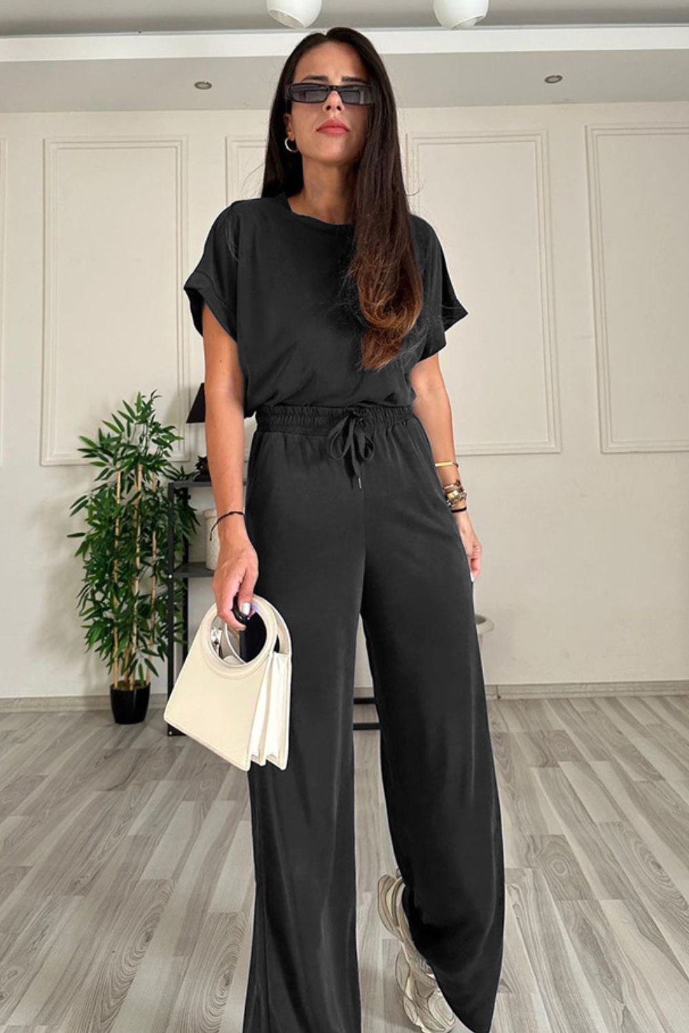 Round Neck Short Sleeve Top and Drawstring Pants Set