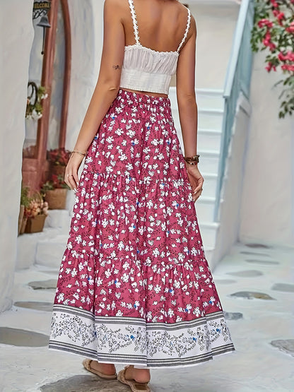 Full Size Tiered Printed Elastic Waist Skirt