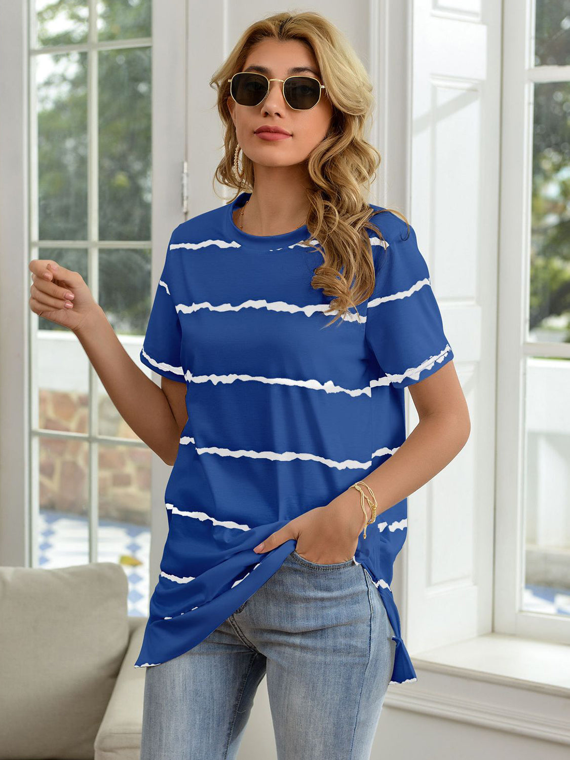 Striped Round Neck Short Sleeve T-Shirt