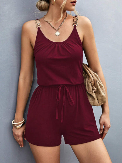 Pocketed Buckle Trim Scoop Neck Romper