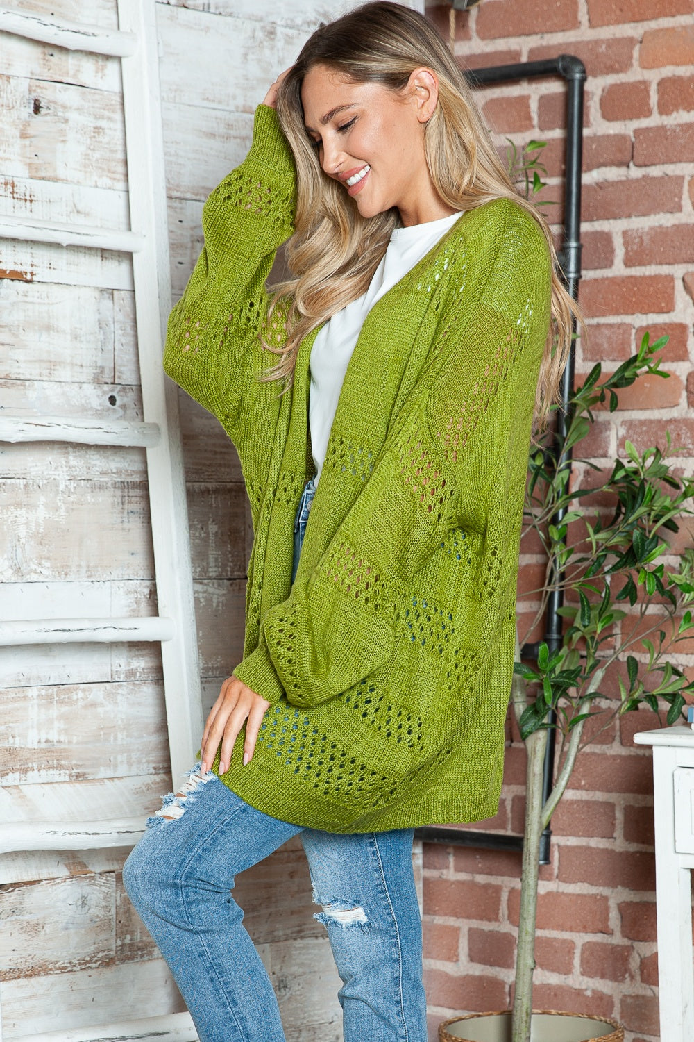 Openwork Open Front Long Sleeve Cardigan