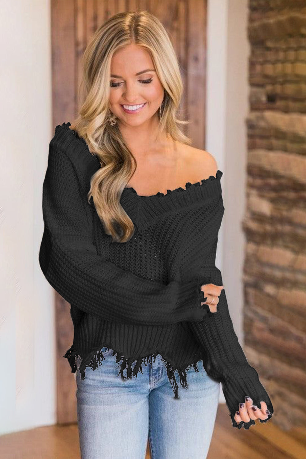 Frayed Hem Dropped Shoulder Sweater