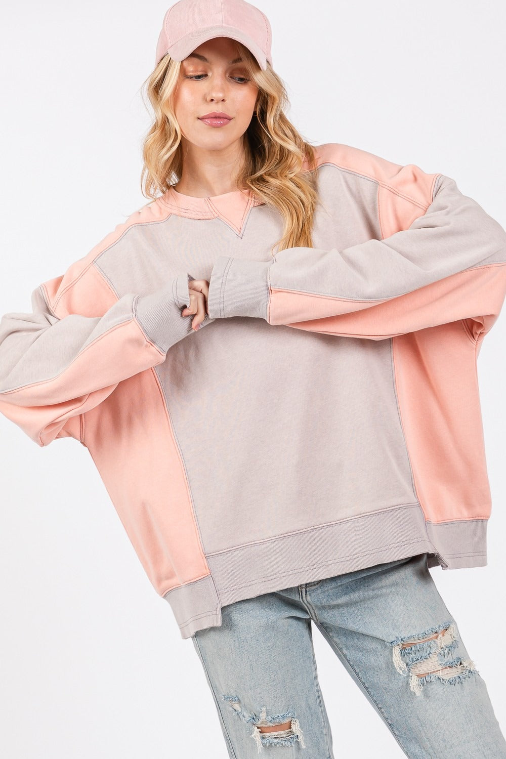 SAGE + FIG Color Block Round Neck Sweatshirt