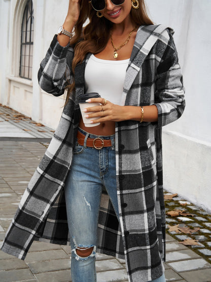 Devine Plaid Long Sleeve Hooded Coat