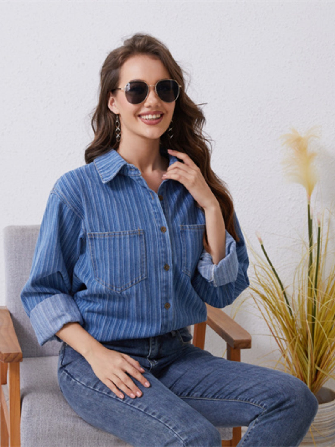 Pocketed Striped Button Up Denim Shirt