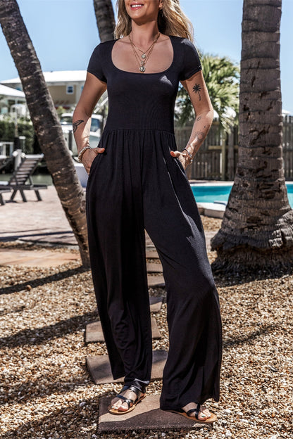 Square Neck Short Sleeve Wide Leg Jumpsuit