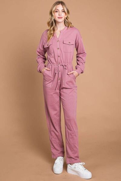 Culture Code Full Size Button Up Drawstring Waist Straight Jumpsuit - SeaTown Outfitters