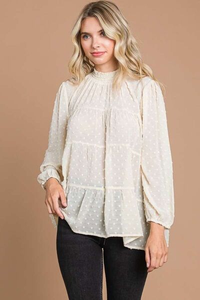 Culture Code Full Size Swiss Dot Smocked Mock Neck Blouse - SeaTown Outfitters