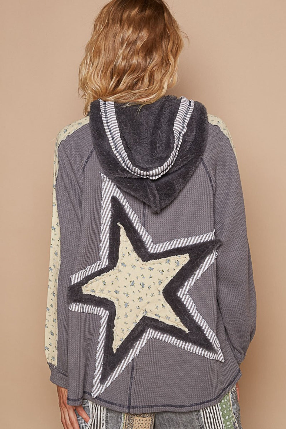 POL Half Zip Up Fleece Mix Back Star Patch Hoodie