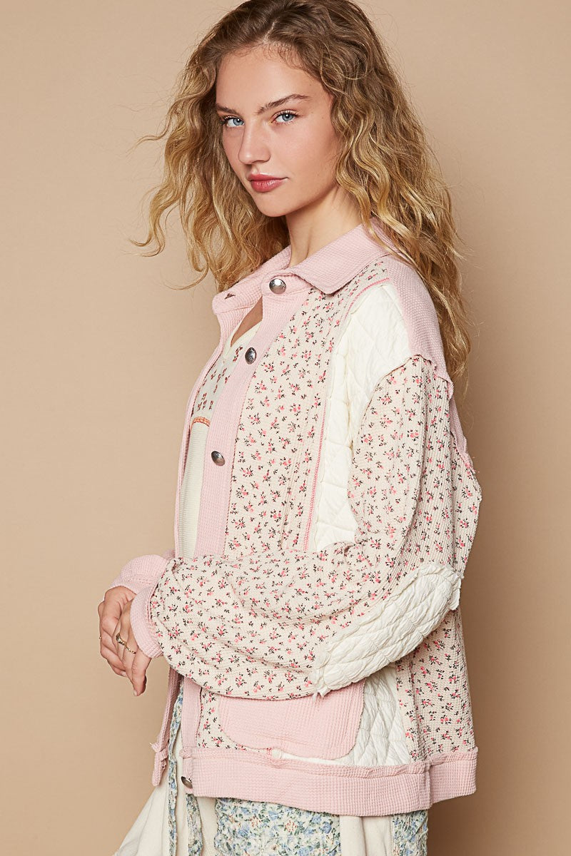 POL Floral Exposed Seam Button Up Quilted Jacket