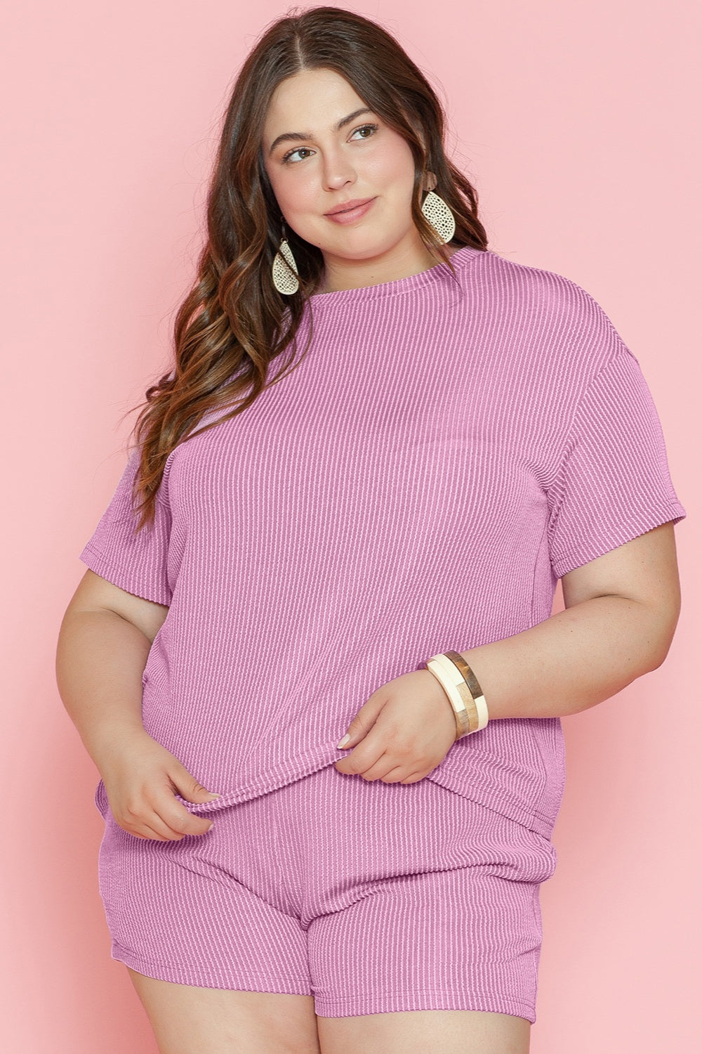 Plus Size Round Neck Short Sleeve Top and Shorts Set